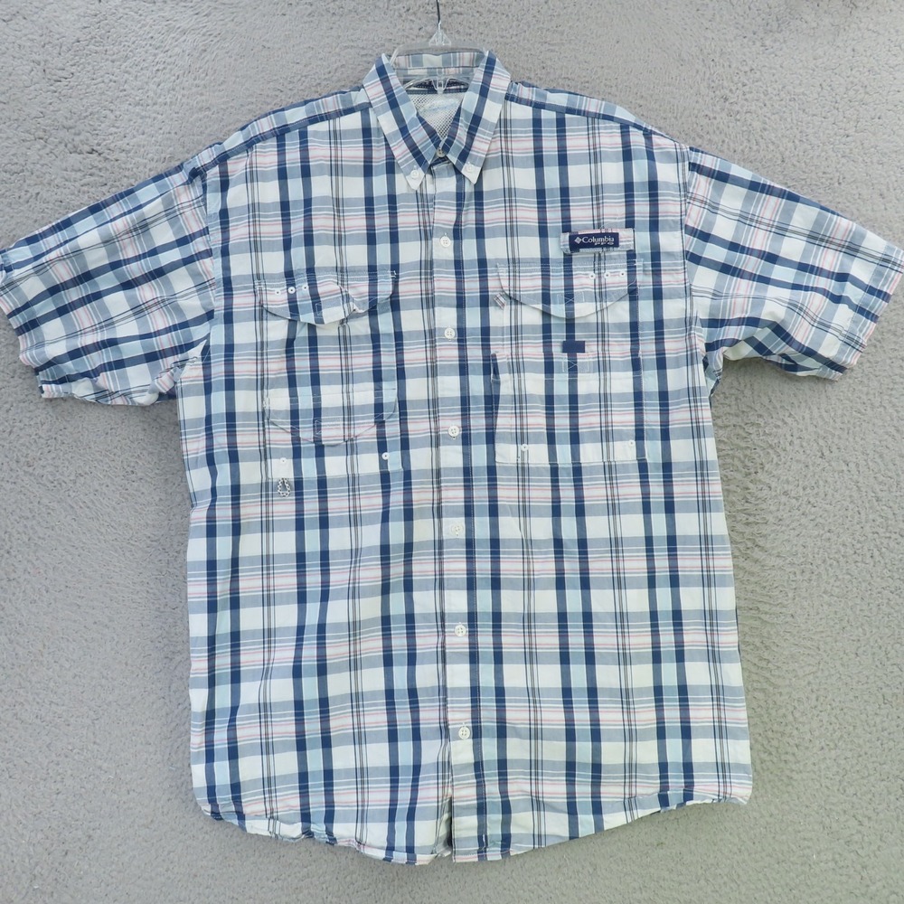 Columbia PFG Shirt Mens Medium Blue Plaid Long Sleeve Vented Super Bonehead